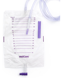 KU215B Worek do zbiórki moczu WellCare 2000 ml z długim drenem 150 cm –  do nocnej zbiórki, zawór T-Tape