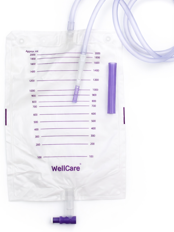 KU215B Worek do zbiórki moczu WellCare 2000 ml z długim drenem 150 cm –  do nocnej zbiórki, zawór T-Tape