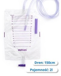 KU215B Worek do zbiórki moczu WellCare 2000 ml z długim drenem 150 cm –  do nocnej zbiórki, zawór T-Tape