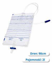 WMD2000-90 Worek do zbiórki moczu sterylny dobowy Zarys 2000 ml z zaworem T i zastawką antyzwrotną, Dren 90cm