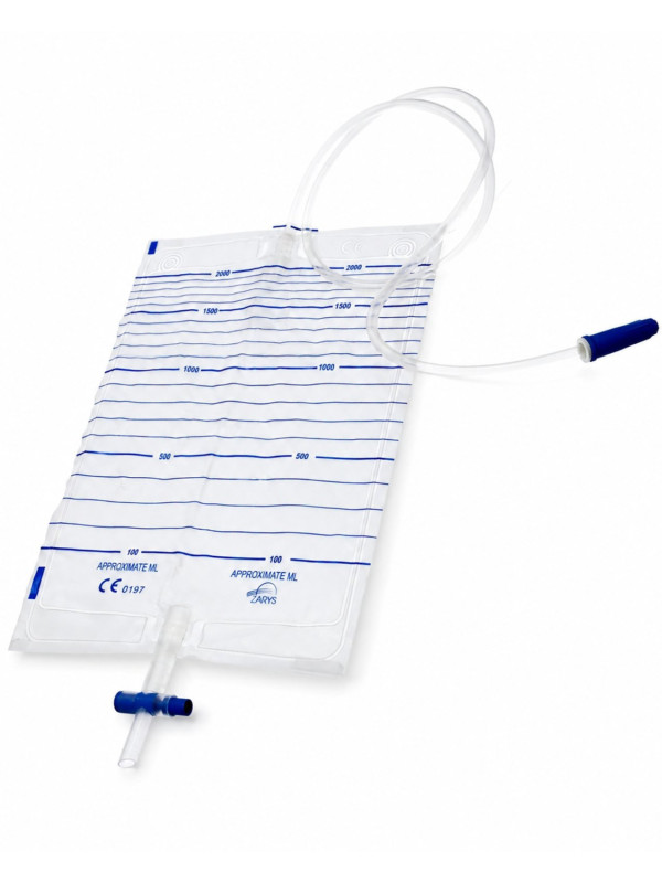 WMD2000-90 Worek do zbiórki moczu sterylny dobowy Zarys 2000 ml z zaworem T i zastawką antyzwrotną, Dren 90cm