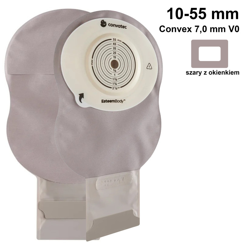 423655 Worek Ileostomijny Jednoczęściowy Esteem Body Otwarty Szary z Okienkiem 10-55 mm Duży 570 ml Convex 7,0 mm V0 Convatec