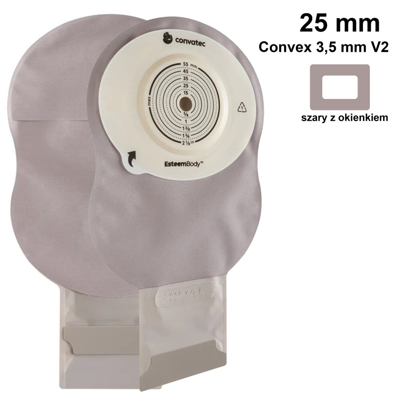 423610 Worek Stomijny Jednoczęściowy Esteem Body Otwarty Szary z Okienkiem Gotowy 25 mm 410 ml Convex 3,5 mm V2 Convatec