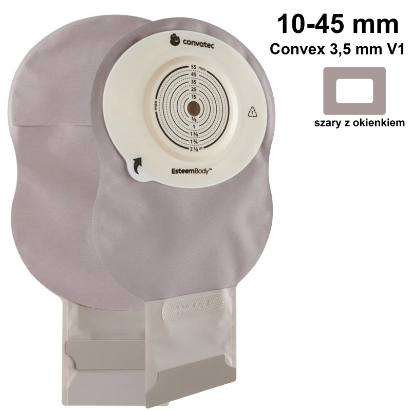 423607 Worek Ileostomijny Jednoczęściowy Esteem Body Szary z Okienkiem 10-45 mm Otwarty 410 ml Convex 3,5 mm V1 Convatec