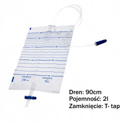 WMD2000-90 Worek do zbiórki moczu sterylny dobowy Zarys 2000 ml z zaworem T i zastawką antyzwrotną