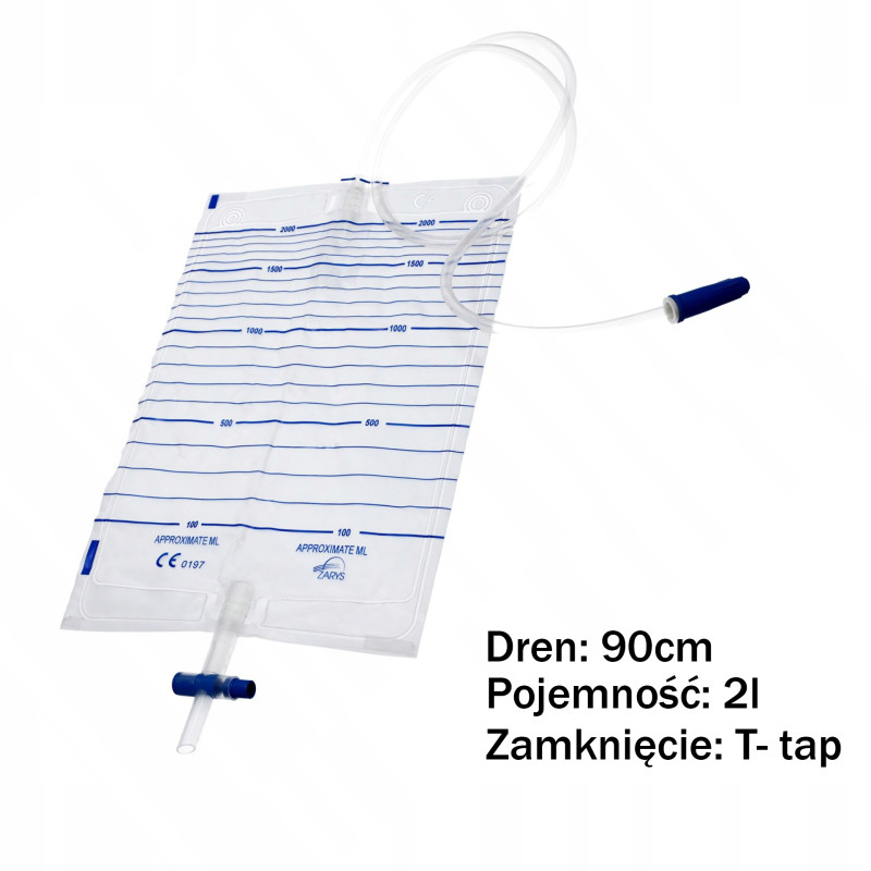 WMD2000-90 Worek do zbiórki moczu sterylny dobowy Zarys 2000 ml z zaworem T i zastawką antyzwrotną