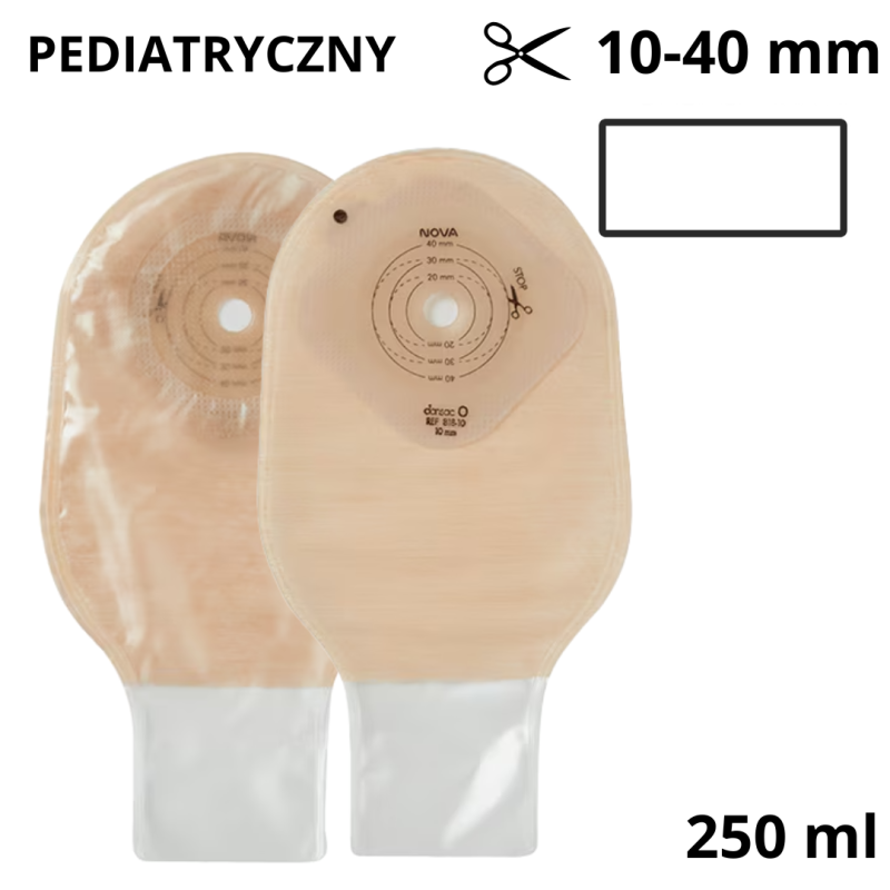 818-10 Worek Stomijny Nova1 Infant Pediatryczny 10-40 mm 250 ml  Otwarty Beżowe Dansac