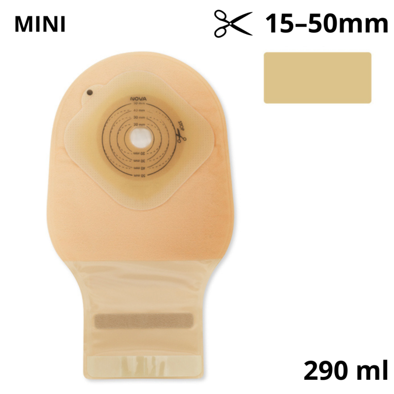 825-15 Jednoczęściowy worek stomijny Dansac Nova1 FoldUp, beżowy, z filtrem węglowym, 15–50 mm, 290 ml