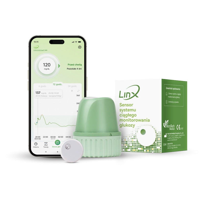 LinX CGM - sensor do ciągłego monitorowania glukozy | 15 dni działania, aplikacja mobilna, refundacja NFZ LinX CGM - sensor do ciągłego monitorowania glukozy | 15 dni działania, aplikacja mobilna, refundacja NFZ